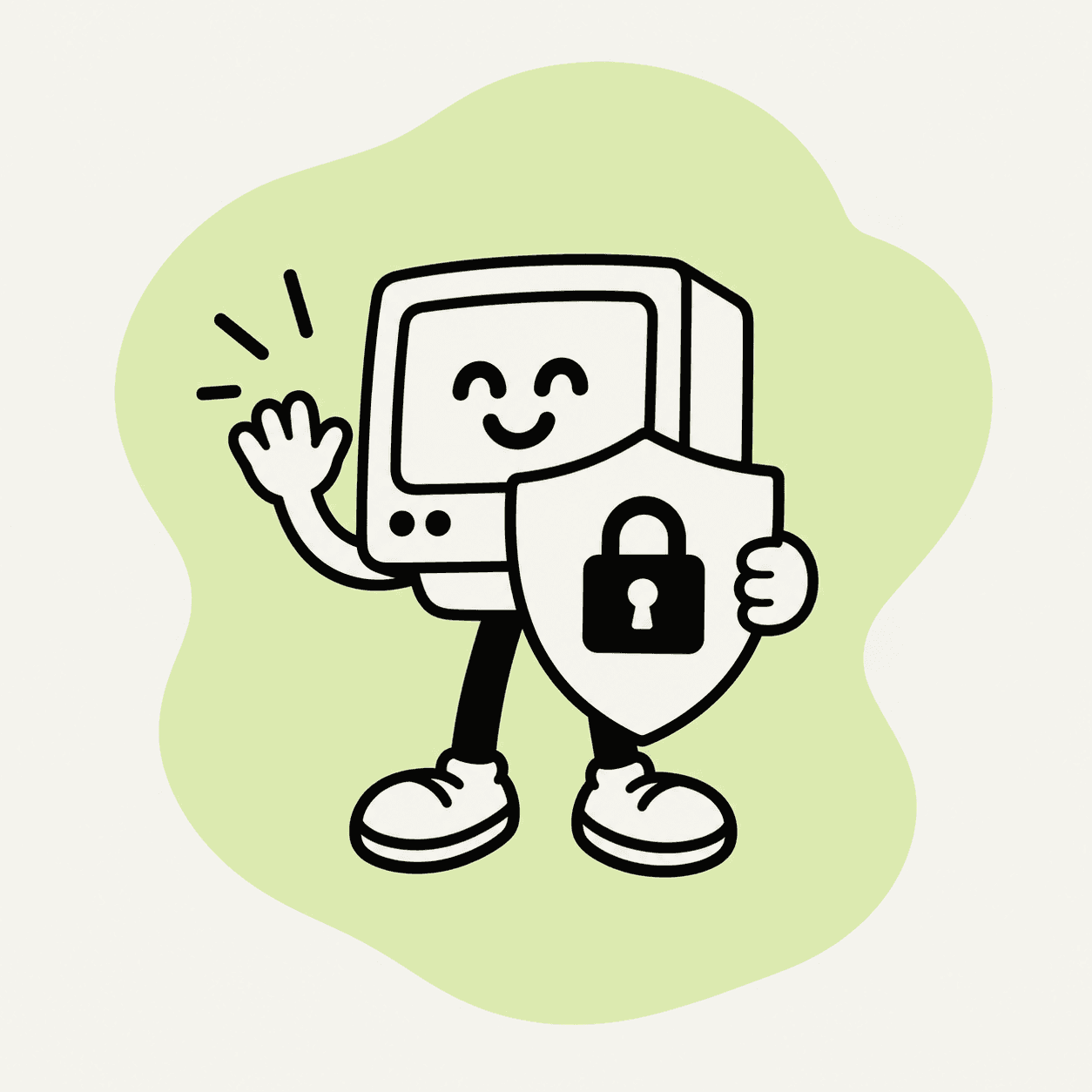 Our friendly computer mascot holding a shield with a padlock