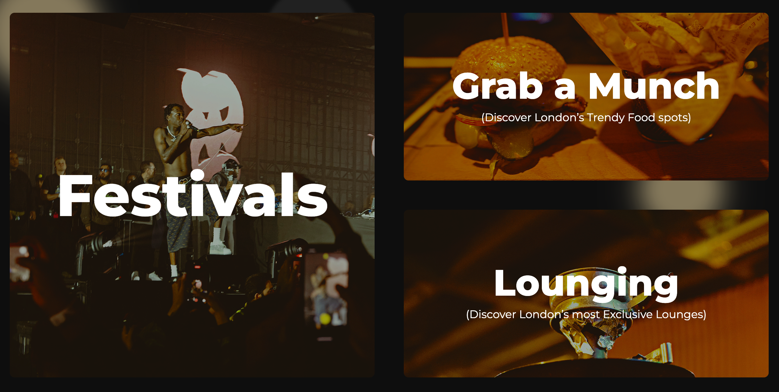 Motiv discovery categories for festivals, food and lounges