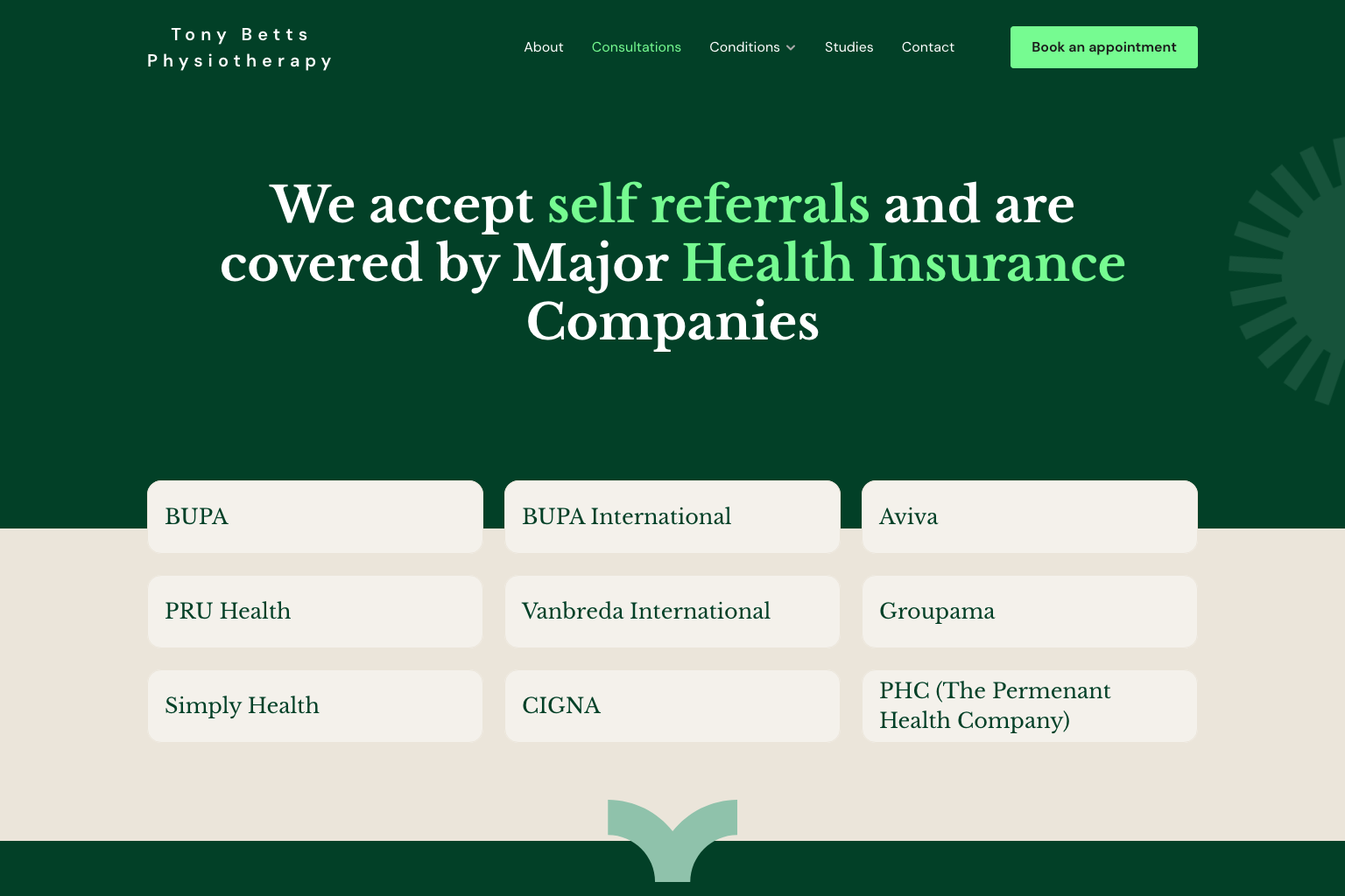 Tony Betts Physiotherapy consultations page
